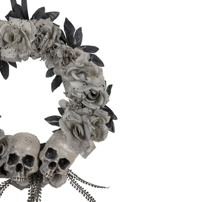 Northlight Double Skull And Gray Roses Halloween Wreath, 16-Inch, Unlit 5 Northlight Double Skull And Gray Roses Halloween Wreath, 16-Inch, Unlit - Image 3