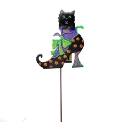 Halloween Cat In Witch's Shoe - One Garden Stakes 27.75 Inches - Black Boot - F22025 - Metal - Black