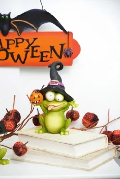 Gallerie II Frog With Witch Hat & Pumpkin Halloween Figure Decor Decoration